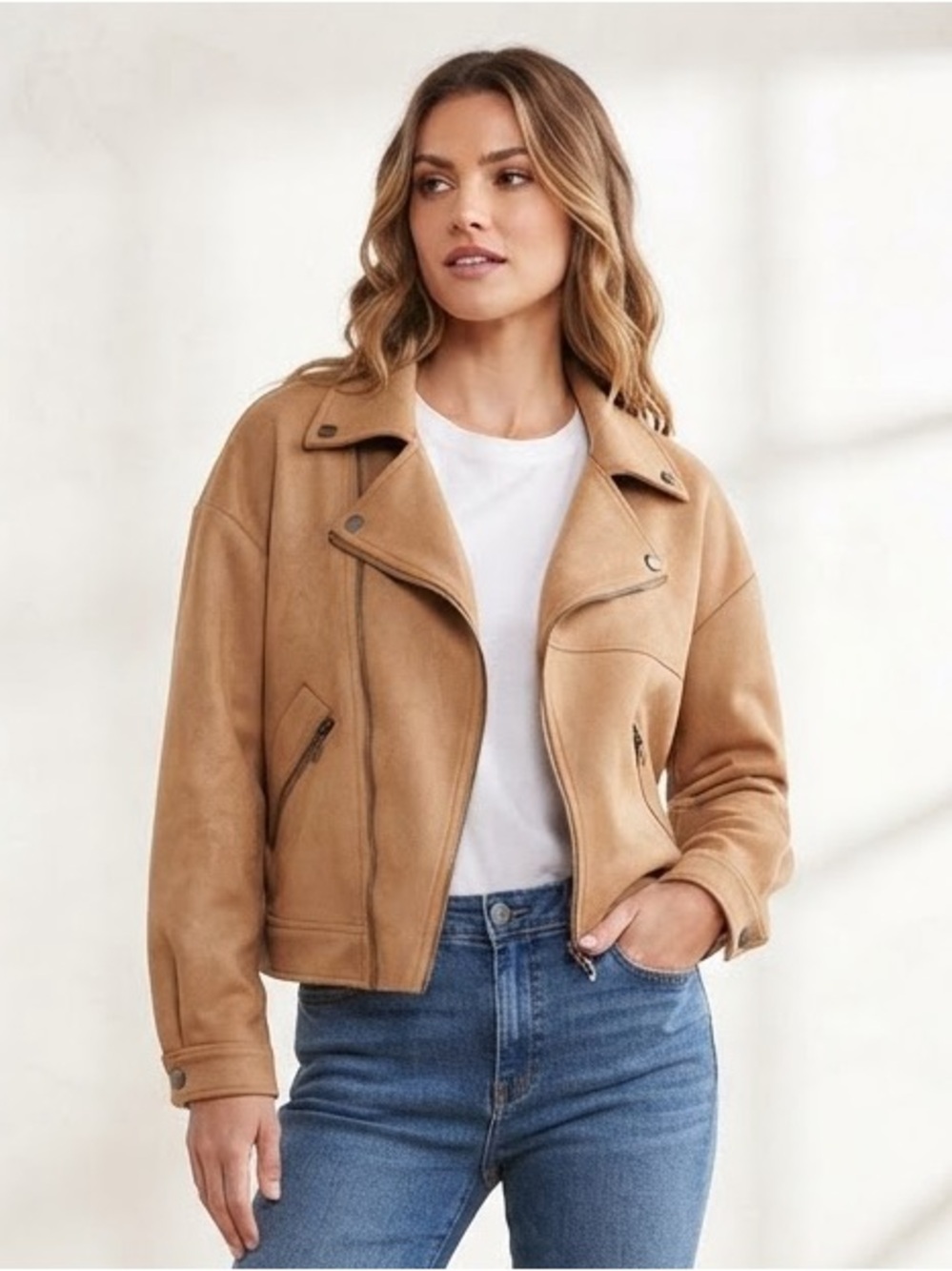 HYFVE Feeling Jaded Faux Suede Moto Jacket (Camel)
